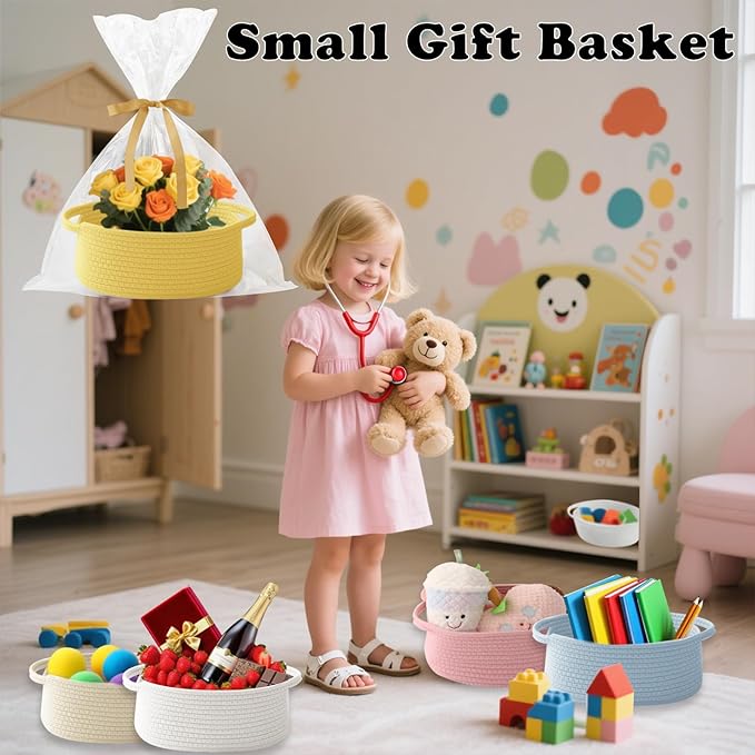 Small Woven Rope Basket-Empty Gifts Basket with Bag and Ribbons,Cute Handle Organizer Box for Birthday/Baby Shower, Toy Storage, Nursery Organizing & Shelf Decor(Yellow)