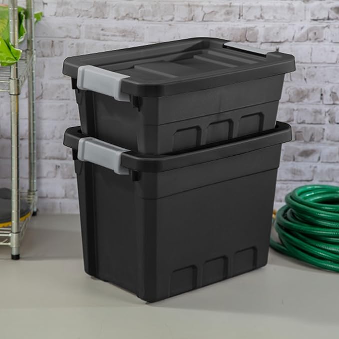 Sterilite 24-Pack Plastic Storage Bins with Lids, Stackable Containers, 7.5 Gallon, Black