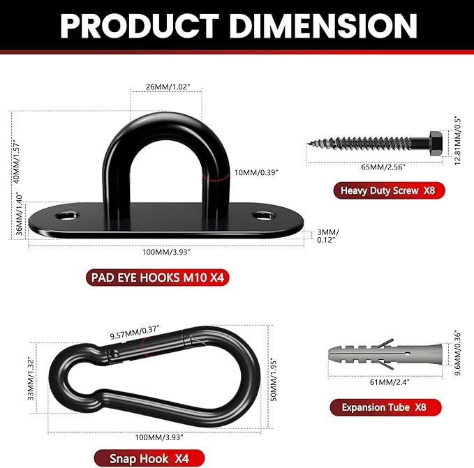 sprookber 304 Stainless Steel Pad Eye Snap Hooks, M10 Heavy Duty Ceiling Hooks, 1700lb Capacity Hammock Swing Hanging kit, Plant Hangers, Marine Hardware Staple Hook Loop with Screws, Set of 8(Black)