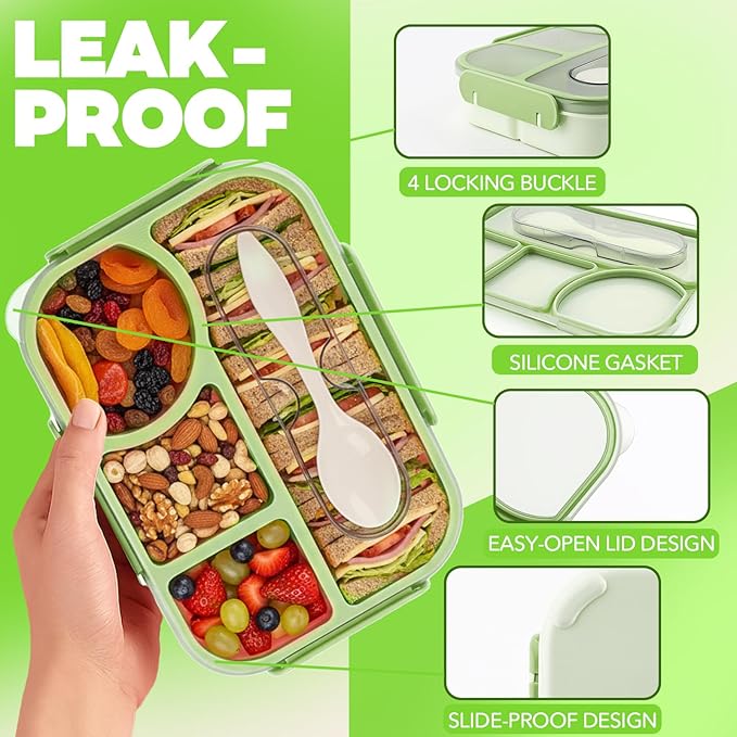 Bento Box for Adults,4 Compartments Lunch Box, Snack Containers Reusable Lunch Containers Drop-Proof, Dishwasher Safe & Made with BPA-Free Materials, Green