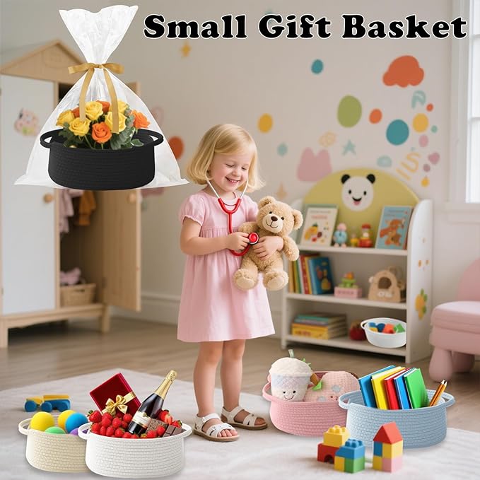 Small Woven Rope Basket-Empty Gifts Basket with Bag and Ribbons,Cute Handle Organizer Box for Birthday/Baby Shower, Toy Storage, Nursery Organizing & Shelf Decor(Black)