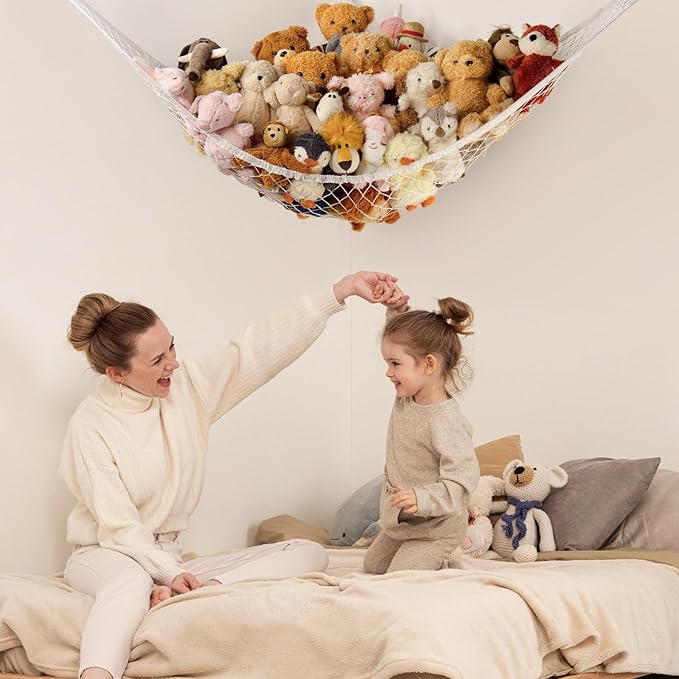 Stuffed Animal Storage Hammock Net Corner - Large Toy Hammock Net for Stuffed Animals Room Decor - Cute Stuff Animal Organizer Holder for Plush Plushie - Kids Baby Nursery Wall Bedroom Home Decor