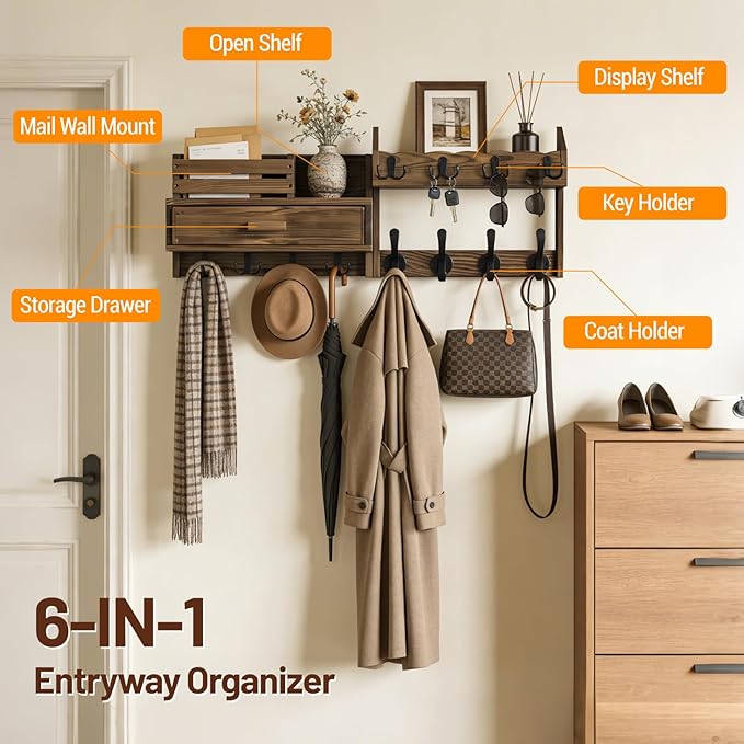 29" Coat Rack Wall Mount with Shelf & Drawer, Heavy Duty Wood Entryway Organizer, Wall Coat Hanger with 12 Metal Hooks, Wall Mounted Coat Rack Key & Mail Holder for Living Room, Bedroom