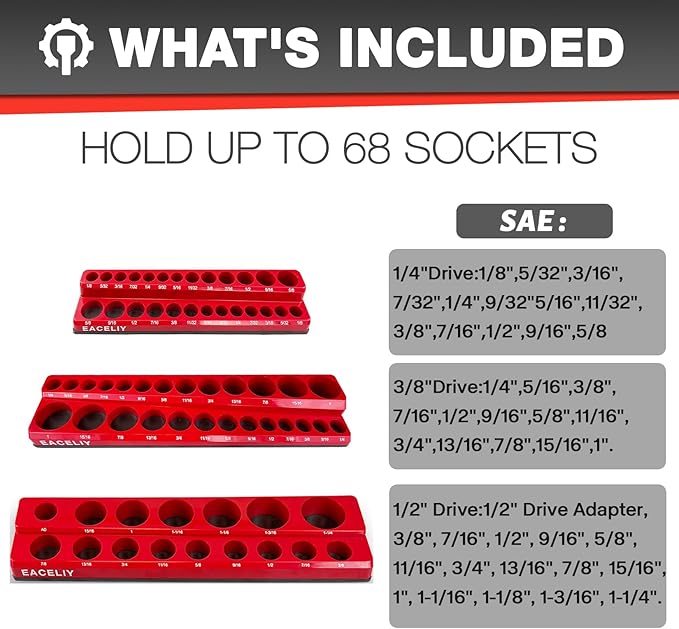 EACELIY 3Pcs 1/2", 1/4" and 3/8" Magnetic Socket Organizer Set,SAE Socket Holder Kit, Socket Trays，holds 68 Deep and Shallow 3/8" Sockets(sockets not included)
