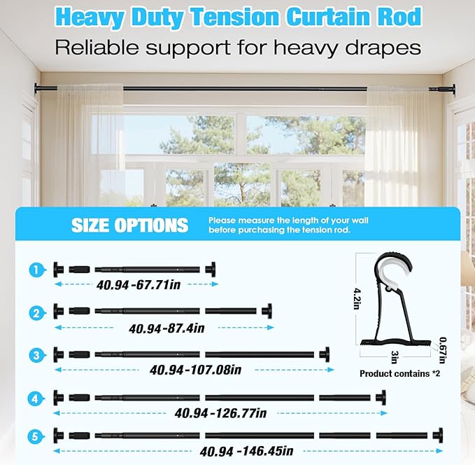 2 Pack Black Tension Curtain Rods for Windows 41-146 Inch Heavy Duty Tension Rod Adjustable Curtain Rods No Drilling for Bathroom Living Room Outdoor Patio Hold Up Blackout Curtains and Non Slip