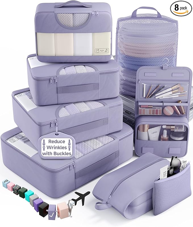 Veken 8 Set Packing Cubes for Travel Essentials, Suitcase Organizer Bags in 4 Sizes, Carry-On Luggage Accessories with Large Laundry & Shoes Bag, Must-Have for Airplane, Road Trip & Camping