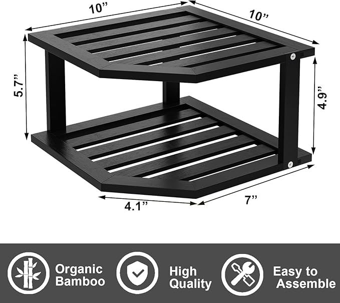Bamboo Corner Shelf(3 Pack),2 Tier Plate Organizer for Cabinet and Countertop,Pantry Dish and Spice Rack for Kitchen(Black)