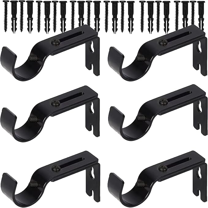 Curtain Rod Brackets for Adjustable, 6 Pack Premium Rod Bracket for Walls, Curtain Rod Holder, Drapery Rod Holders Hardware Window Curtain Rod Support Hanger for 1 Inch Rod (Black-6Pack)