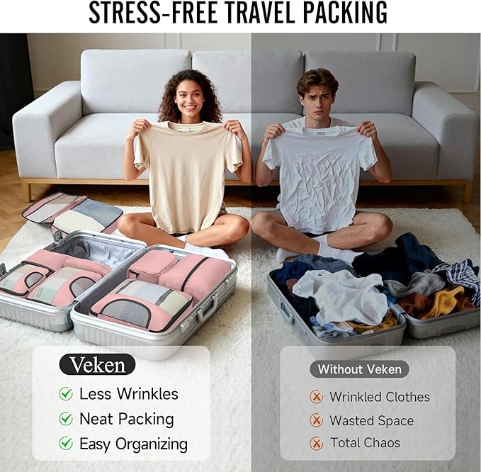 Veken 8 Set Packing Cubes for Travel Essentials, Suitcase Organizer Bags in 4 Sizes, Carry-On Luggage Accessories with Large Laundry & Shoes Bag, Must-Have for Airplane, Road Trip & Camping