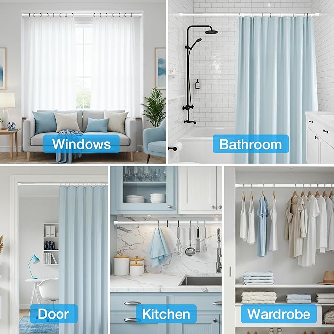 Shower Curtain Rod 44-77 inch Tension Rod White Shower rod Non Slip Tension Curtain Rod Adjustable Curtain Rods No Drilling Shower Rods for Bathroom Windows Closet 1Pack