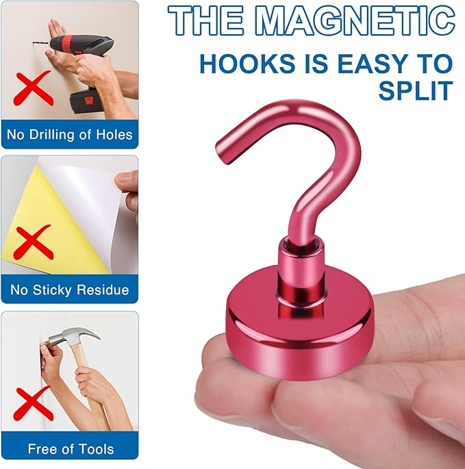 LOVIMAG Cruise Ship Essentials, 150Lbs Magnetic Hooks Heavy Duty, Red Magnet Hooks for Cruise Cabins, Strong Magnetic Hook for Hanging-12 Pack