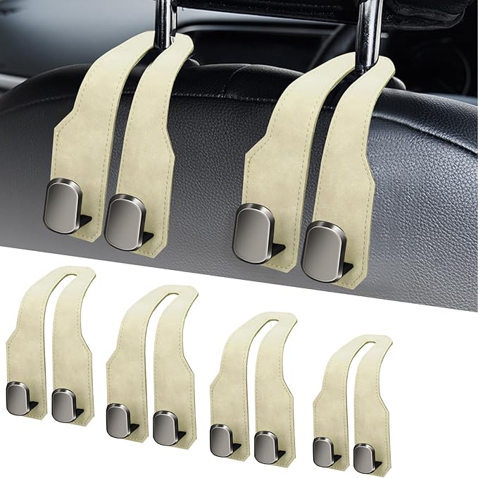 Car Seat Headrest Hooks for Purses and Bags, 4 Pack Bag Purse Holder for Car with Double Metal Hooks, Car Purse Hanger, Headrest Back Seat Handbags Hook Cute Hanging Accessories, Beige