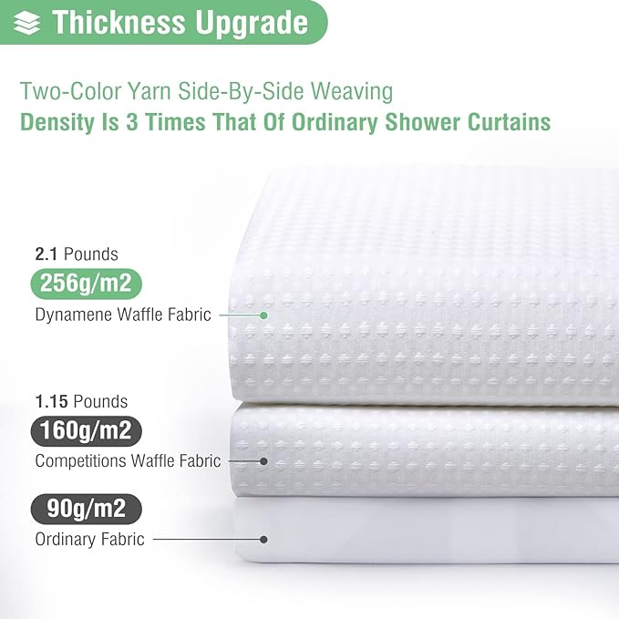 Dynamene Extra Wide Shower Curtain - 180 Inch Wide Waffle Weave Weighted Thick Cloth Bathroom Shower Curtain, Neutral Heavy Duty Hotel Shower Curtain Set with 32 Plastic Hooks,180x72, White