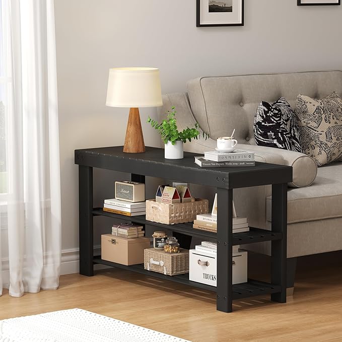 Sweetcrispy Shoe Rack Bench, 3-Tier Bamboo Entryway Storage Organizer, 286lb Capacity, Shoes Stand for FrontDoor Entrance, Bedroom, Living Room, Bathroom, Balcony, 35 Inches Length, Black