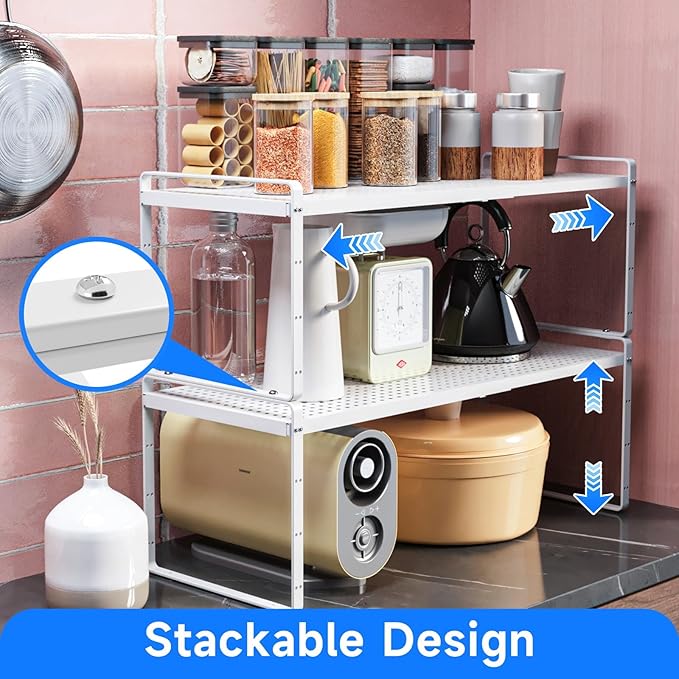 Expandable Kitchen Shelf Organizers, Kitchen Cabinet Organizer Stand Rack Organization for Countertop Cupborad Pantry, White 3 Pack