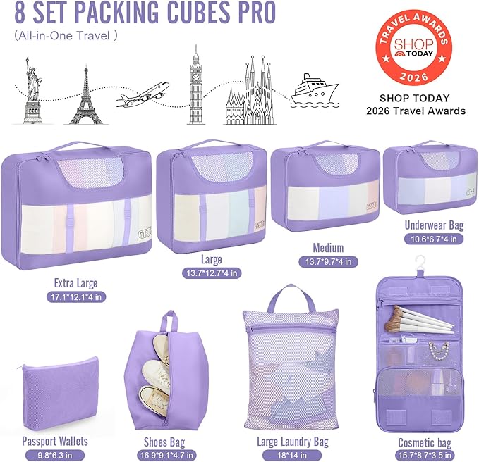 Veken 8 Set Packing Cubes for Travel Essentials, Suitcase Organizer Bags in 4 Sizes, Carry-On Luggage Accessories with Large Laundry & Shoes Bag, Must-Have for Airplane, Road Trip & Camping