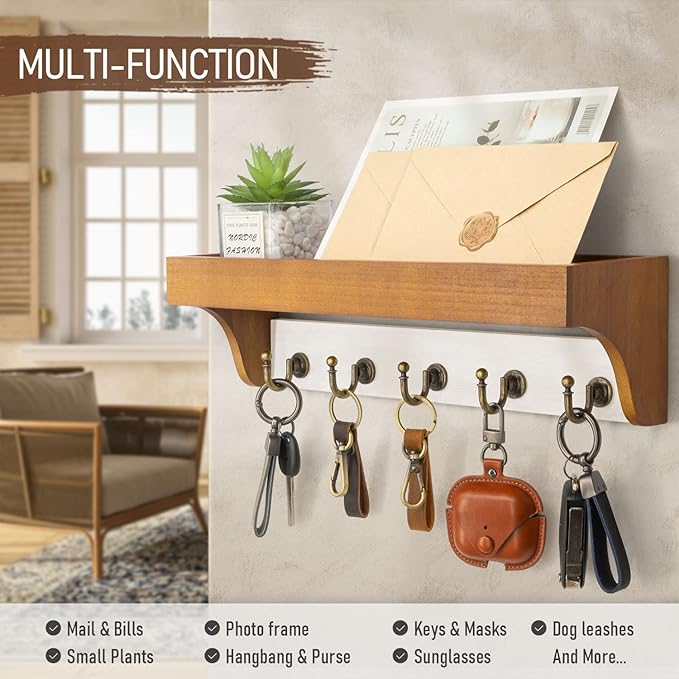 Rebee Vision Key and Mail Holder for Wall with Floating Shelf : 14 Inches Decorative Hanging Organizer with 5 Sturdy Keys Hooks and Wall Mount Key Rack - Farmhouse Entryway Decor (Light Brown & White)