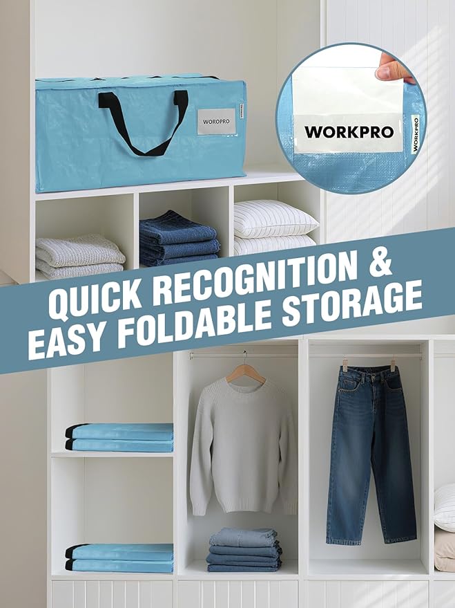 WORKPRO 10 Pack Extra Large Moving Bags with Zippers & Carrying Handles Backpack Straps, Heavy-Duty Storage Tote for Space Saving & Storage, Alternative to Moving Box (Dusty Blue)