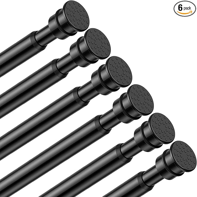 Tension Curtain Rod 26 to 48 Inch Adjustable Tension Rods 6 Pack Expandable Spring Tension Rod Black No Drilling for Closet Kitchen Cupboard Wardrobe Door Bookshelf DIY Projects