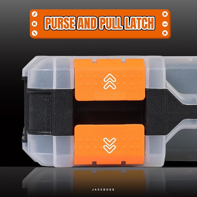 Jack Boss Tool Box with Transparent Lid, Double Side 34-Compartments Organizer Box with Removable Dividers for Hardware, Screws, Bolts, Nails, Beads, Jewelry and Fishing Accessories, Orange, 1 Pack