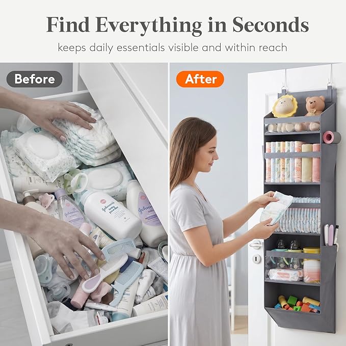 Lifewit 1 Pack Over the Door Organizer, 5 Section Clear Window Hanging Storage with 4 Side Pockets, Sturdy Anti Tilt 40 lbs Load Behind Door for Closet, Bedroom, Bathroom, Nursery, Dorm, Gray