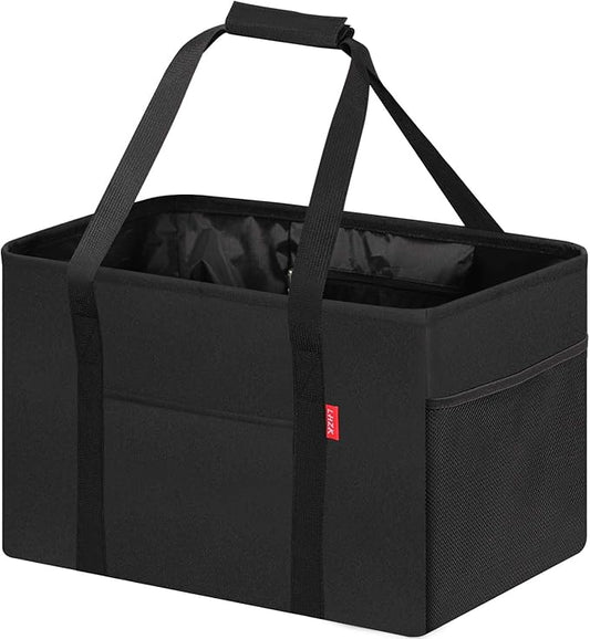 LHZK Standing Utility Tote Bag with Metal Wire Frame and the Sides Rinforced, Large Tote Bag with Handle, Reusable Grocery Bags Foldable, Beach Bag, Car Tote (Black, 18.5''x11.8''x11.5'')