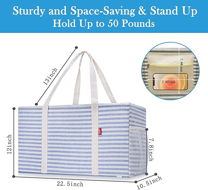 LHZK 2 Pack Extra Large Utility Tote Bag with Metal Wire Frame and the Sides Rinforced, Extra Large Tote Bag with Handle for Pool Beach Laundry Storage (Blue)