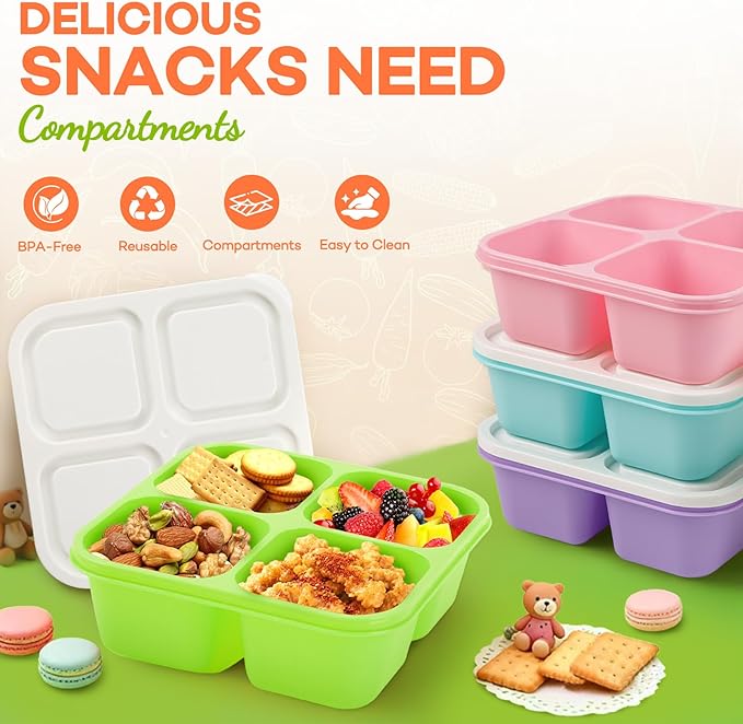 Bento Box Adult Lunch Box- 4 Pack,4 Compartment Snack Containers Reusable Meal Prep Stackable BPA-Free Lunch Containers for Home, Work, Travel (4 Color)