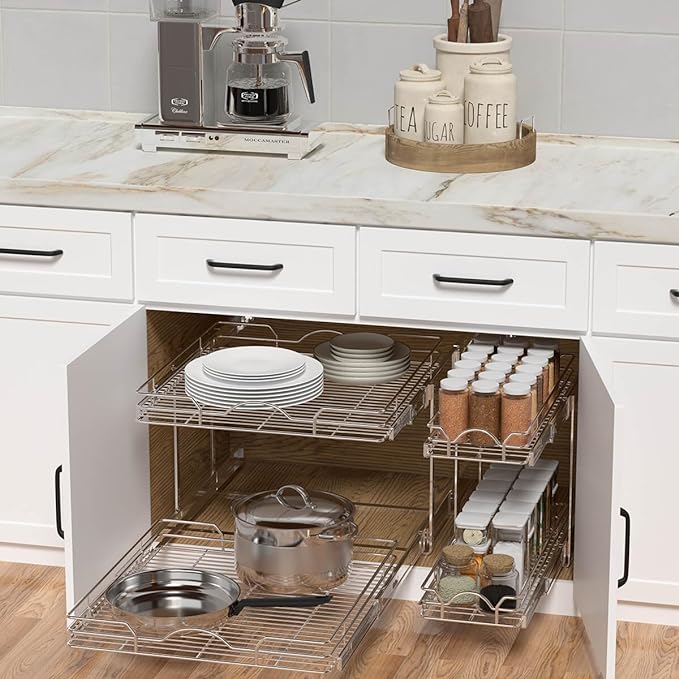 OCG 2 Tier Pull Out Cabinet Organizer (21.5" W x 21" D), Pull Out Drawers for Kitchen Cabinets, Pull Out Shelves for Base Cabinet Organization in Kitchen Bathroom Pantry, Chrome Finish