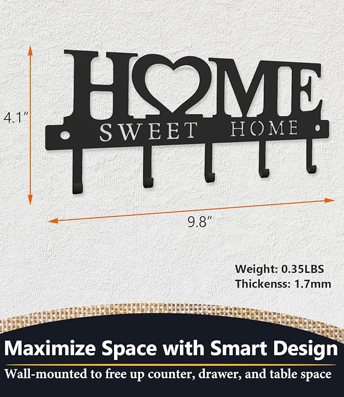 Key Holder Hooks Organizer Hanger Rack Wall Mounted Sweet Home Metal Decor Stylish and Practical for Entryway Front Door Kitchen Hallway Garage Mudroom Office 9.8inches/25cm Hardward Included Black