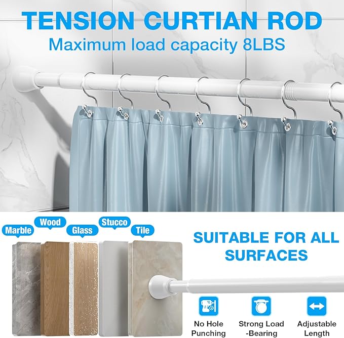 Shower Curtain Rod 44-77 inch Tension Rod White Shower rod Non Slip Tension Curtain Rod Adjustable Curtain Rods No Drilling Shower Rods for Bathroom Windows Closet 1Pack
