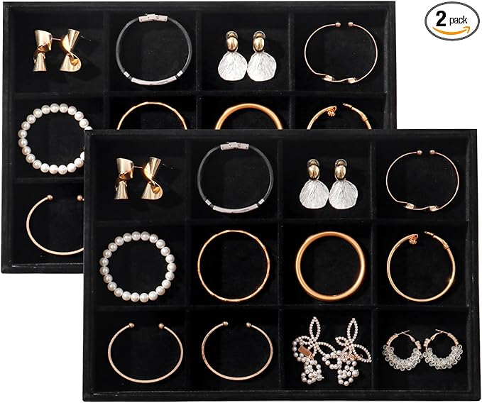 Large Velvet Jewelry Tray 2 Pack Stackable Jewelry Display Drawer Inserts Trays Organizer for Earring Bracelet Necklace Ring (Black, 12 Grids)