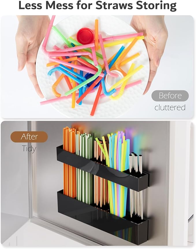 Magnetic Acrylic Straw Holder for Fridge - 5 Slot Sturdy Kitchen Organizer, Adhesive-Free Refrigerator Storage for Metal, Glass, Silicone Straws & Utensils (Black-Magnetic Type-5C)