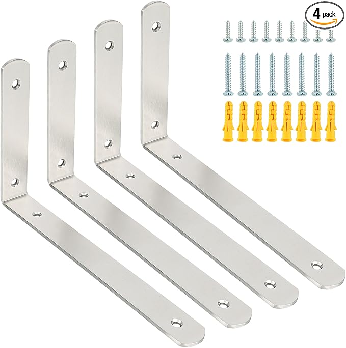 Alise Floating Shelf Brackets,L Brackets for Shelves Heavy Duty Wall Bracket Corner Brace,Stainless Steel Joint Angle Bracket for Wooden Board Support,Brushed,8x5-3/5 Inch(Upgraded,Pack of 4)