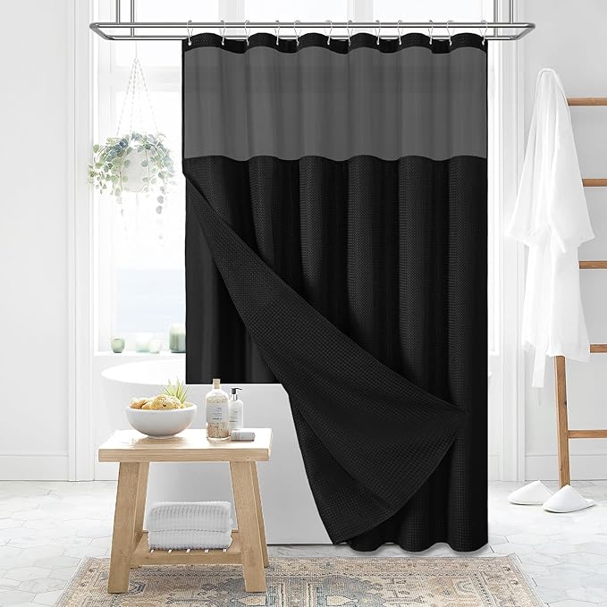 Dynamene Extra Long Shower Curtain, 84 Inch Long Waffle Fabric Shower Curtain for Bathroom, Tall Waterproof Cloth Shower Curtain Liner Set with Hook, Snap in Liner, Mesh Top Window, Black, 72x84