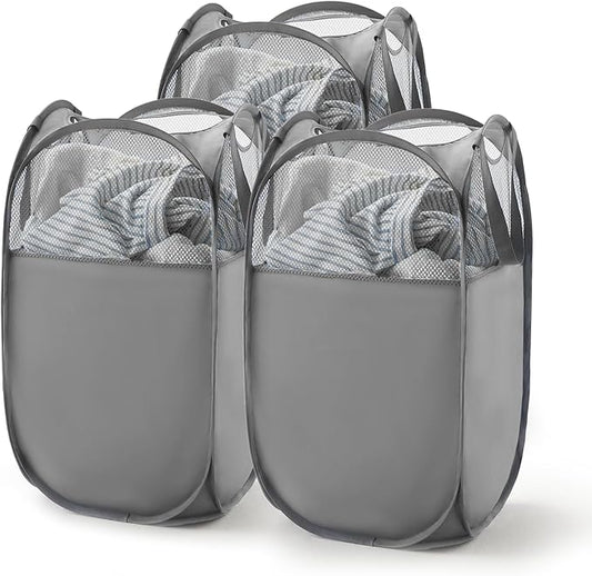TECHMILLY Pop Up Foldable Laundry Basket, Mesh Laundry Hamper with Reinforced Handles for Dirty Clothes Storage in Dorm, Laundry Room, Bathroom, Grey(Fabric), 3 Pack