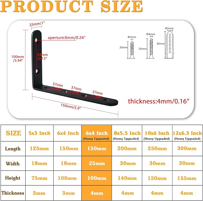 Alise 4mm Thick Floating Shelf Brackets,Black Bracket for Shelves,Heavy Duty L Bracket Corner Brace Joint Angle Bracket for Walls,6x4 Inch(Pack of 4)