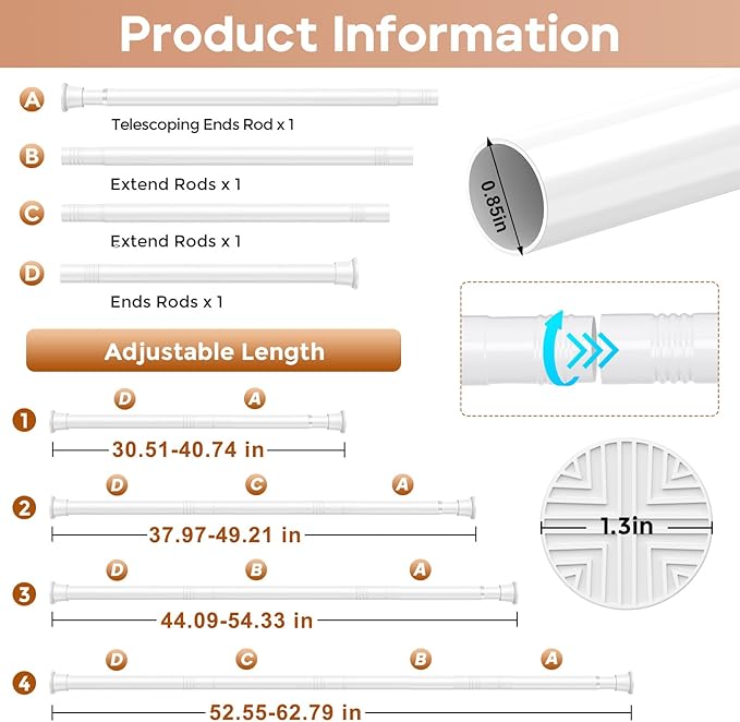 White Spring Tension Curtain Rods 30 to 63 Inch Adjustable Expandable Spring Loaded Curtain Rods No Drilling Suitable for Small Short Tension Rods 33-59 Inch Doors, Windows, Closet