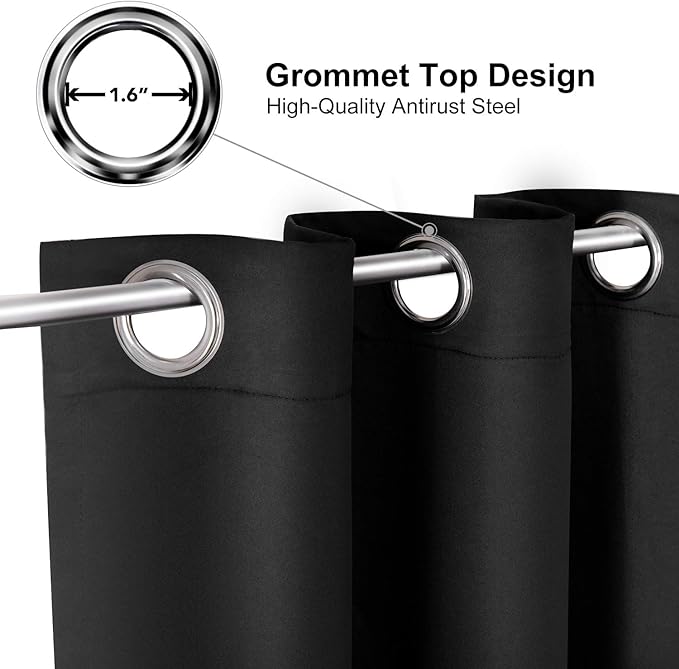 ChrisDowa Blackout Curtains 36 Inches Long for Living Room, Grommet Thermal Insulated Room Darkening Curtains for Bedroom (1 Panel Set, Black, 42W x 36L)