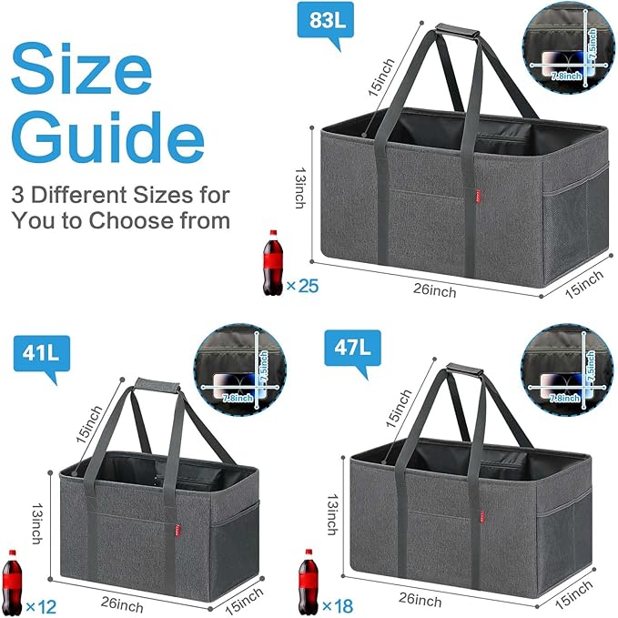 LHZK 2 Pack Extra Large Utility Tote Bag with Metal Wire Frame and the Sides Rinforced, Extra Large Tote Bag with Handle, Reusable Grocery Bags Foldable, Beach Bag, Car Tote (Gray, 26''x15''x13'')