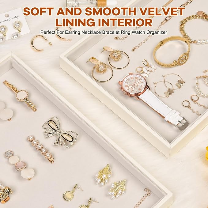 Beige Velvet Jewelry Trays for Drawers Black Jewelrys Display Tray Stackable Jewelry Organizer Trays for Necklace Bracelet Ring Watch (4 Pack)