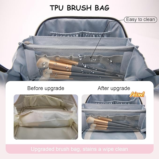 Travel Makeup Bags Organizer for Women: 3 Pcs Set Cosmetic Bag - Large Make up Bag with Compartments - Flat Open Waterproof Leather Toiletry Bags for Skincare, Brushes & Travel Essentials - Pink