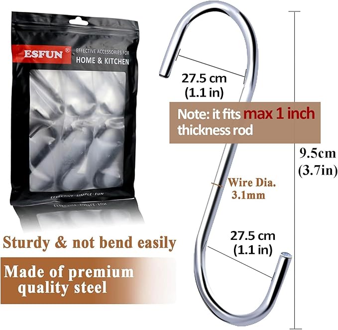 ESFUN 30 Pack 3.7 inch Metal S Hooks Steel S Hooks Plants Hanging Hangers for Kitchen Pans Pots Bags Purse Jeans Jewelry Towels