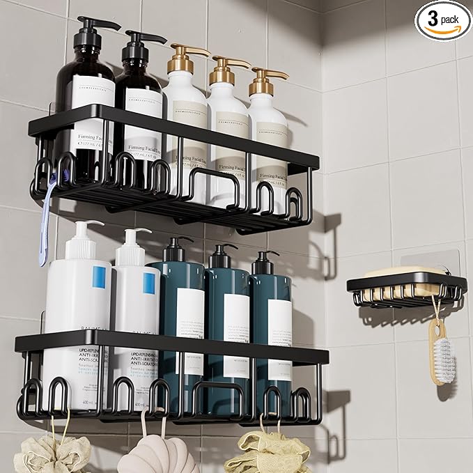 Veken Shower Caddy 3-Pack, Advanced Rustproof Design, No Drilling Adhesive Shelves, Rack with Soap Holder, Large Capacity Bathroom Organizers and Storage, Wall-Mounted Kitchen & Home Decor, Black