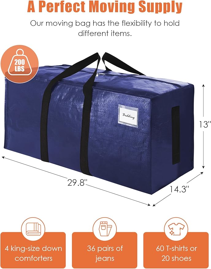 SWEET DOLPHIN 12 Pack 200LB Heavy-Duty Moving Bags with Wrap-Around Handles, Extra Large Storage Totes for Space Saving, Clothes Storage Bags, College Dorm Essentials, Blue, 24 Gal