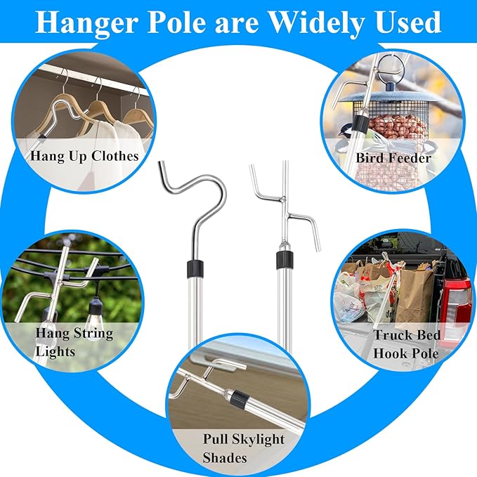 Clothes Hook Pole Heavy Duty,32 to 80In Retail Clothing Hook Pole Long Handle with 2 Hooks Hanging Birdfeeder Frosted Tube Extension Pole to Reach High Hangers for Turck (Silvery 80in)