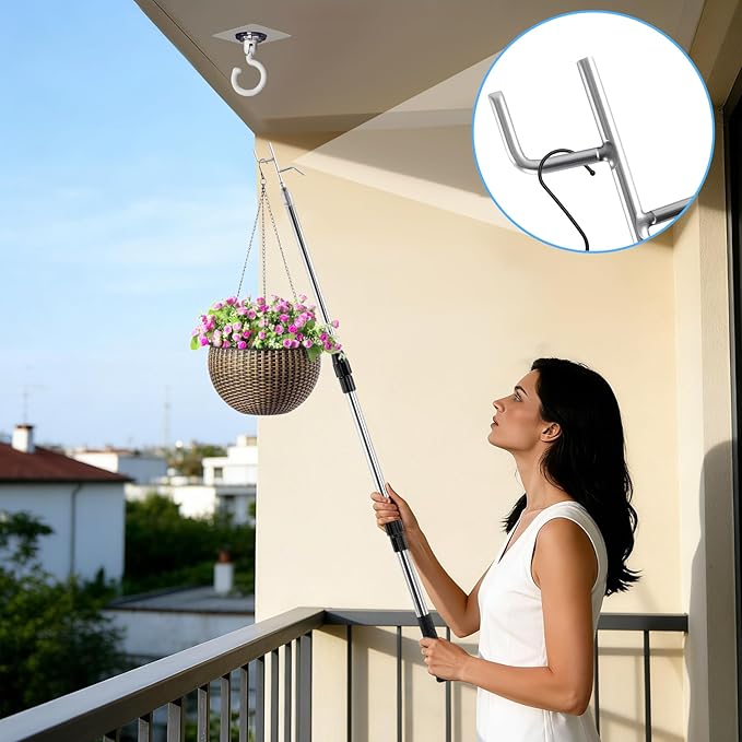 17"-35"Stainless Steel Telescopic Pole with Heavy-Duty Wall Mount Ring & Curved Hook for Attic Stair Pull Down System, Interchangeable Clothes Hook, Easy to Hang Garments, Flower Pots and Bird Feeders