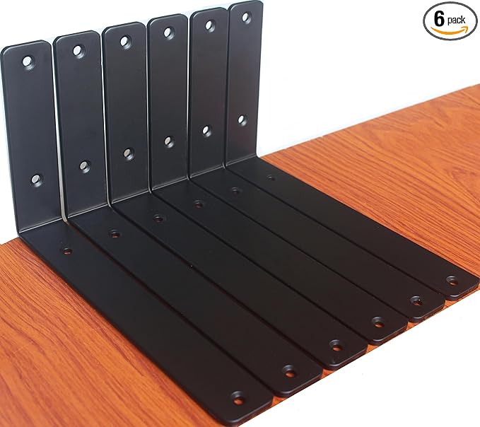 6 Pack - L 10" x H 6" x W1.5, 5mm Thick Black L Shelf Bracket, Iron Shelf Brackets, Metal Shelf Brackets, Floating Shelf, Shelf Supports with Screws