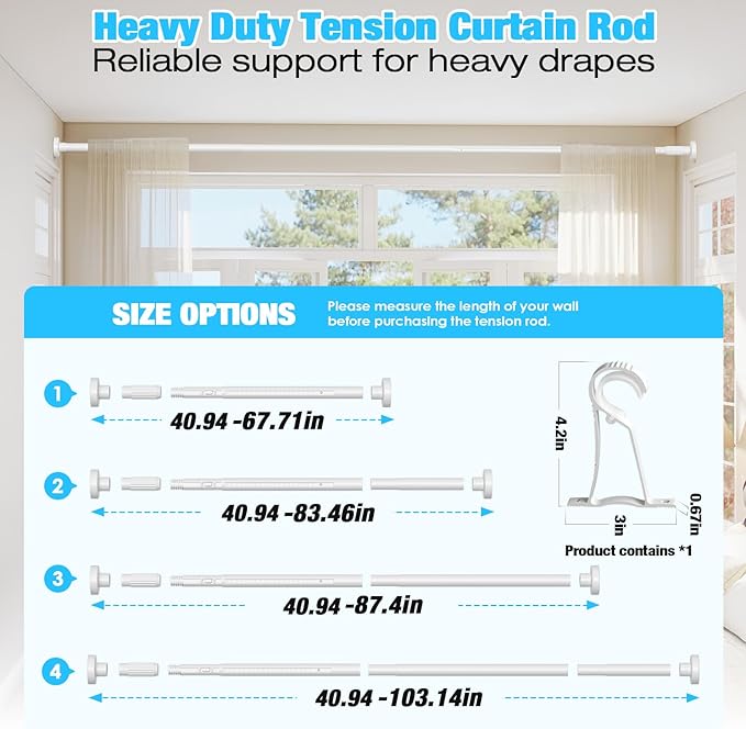 White Tension Curtain Rods for Windows 41-103 Inches Heavy Duty Tension Rod Adjustable Curtain Rods No Drilling for Bathroom Living Room Outdoor Patio Hold Up Blackout Curtains and Non Slip