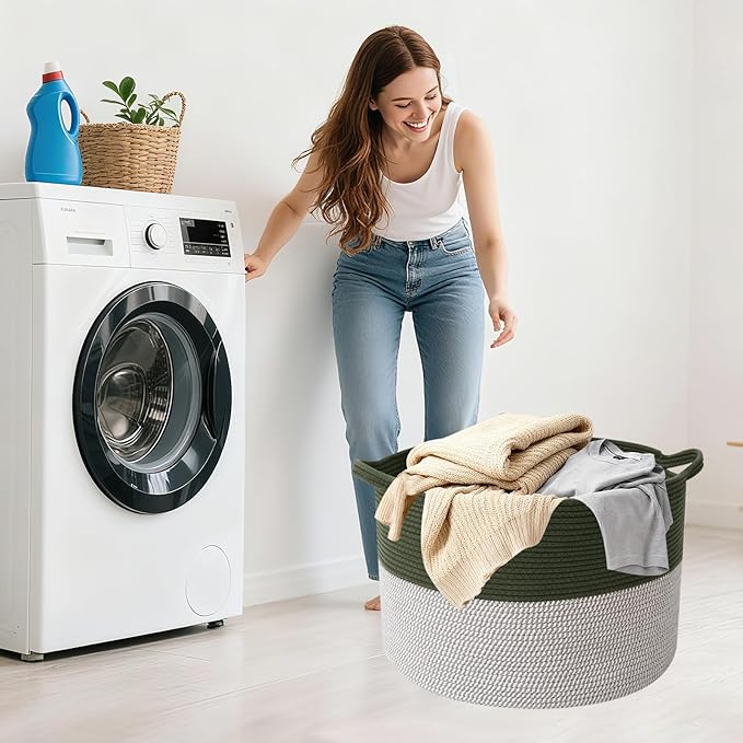 90L Extra Large Blanket Basket,Rope Woven Storage Basket with Handles, Laundry Hamper for Toys, Clothes, Pillows & Towels, Perfect for Living Room, Nursery & Bedroom,Green&White